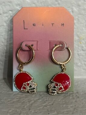 Leith Gold Hoop Earrings with Red Enamel Helmet Charms